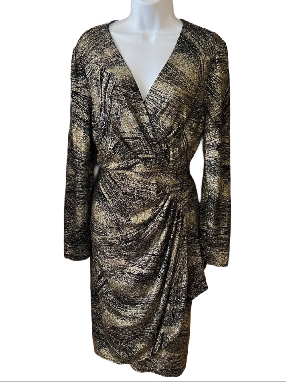 London Times Womens Long Sleeve Surplus Bodice Dress with Draping Detail